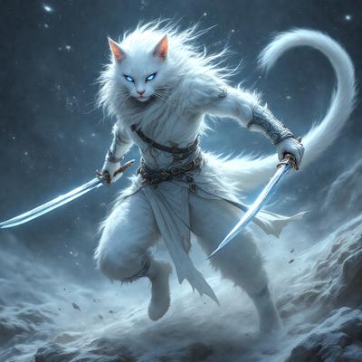 The primary subject of the image is a white cat with blue eyes, dressed in a white robe and holding two swords. The cat appears to be a character from a fantasy or mythical story. The setting is a snowy landscape, with the cat standing on a snow-covered hill. The visual style is a digital art or illustration, creating a dramatic and captivating scene. The dominant colors are white and blue, giving the image a serene and mystical atmosphere.